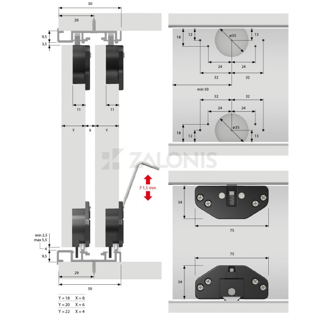 FITTINGS SET m.012 FOR ONE DOOR