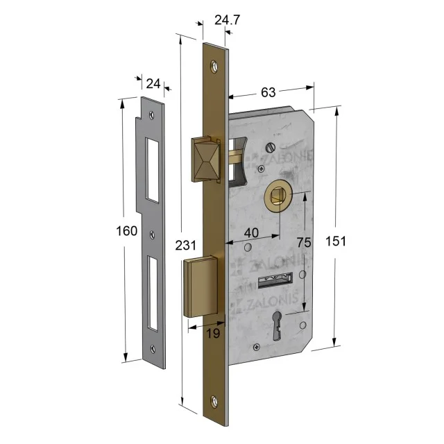 ΚΛΕΙΔΑΡΙΑ ΜΕΣΟΠΟΡΤΑΣ 40x75mm HALZ / ΤΕΤΡ-ΤΕΤΡ / ΚΙΤΡΙΝΟ