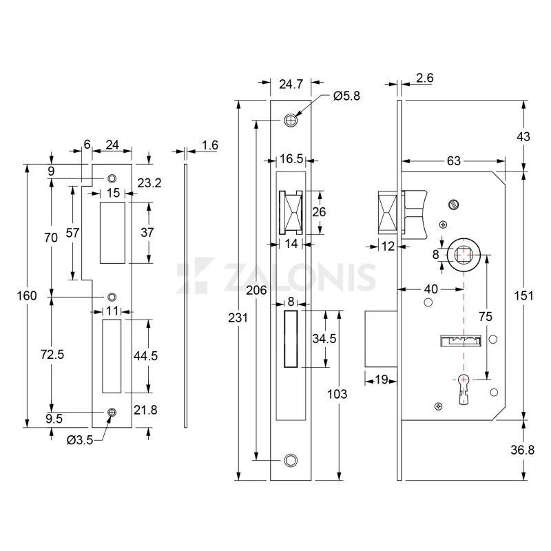 ΚΛΕΙΔΑΡΙΑ ΜΕΣΟΠΟΡΤΑΣ 40x75mm HALZ / ΤΕΤΡ-ΤΕΤΡ / ΑΣΗΜΙ