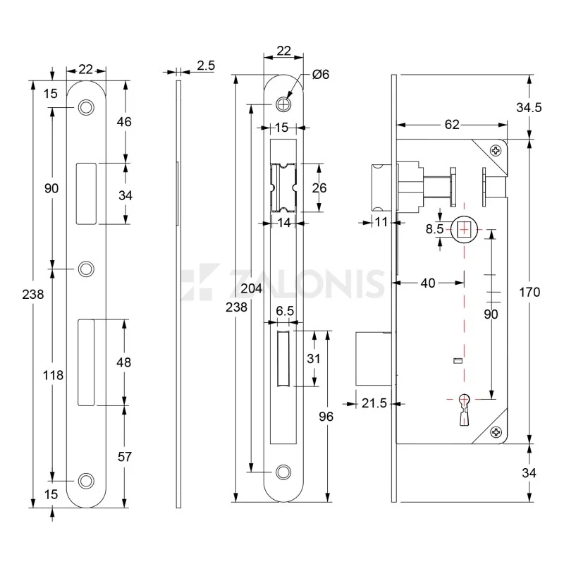 ΚΛΕΙΔΑΡΙΑ ΜΕΣΟΠΟΡΤΑΣ 40x90 mm GEVY / ΟΒΑΛ-ΟΒΑΛ / ΝΙΚΕΛ ΜΑΤ 