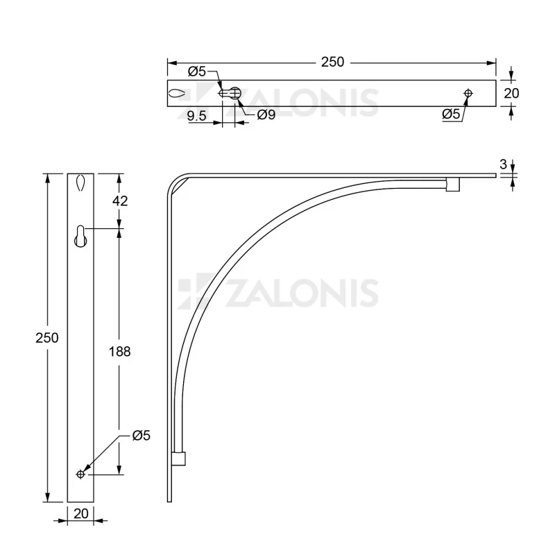ΓΩΝΙΑ ΡΑΦΙΩΝ m.211 / 250x250mm / ΜΑΥΡΟ