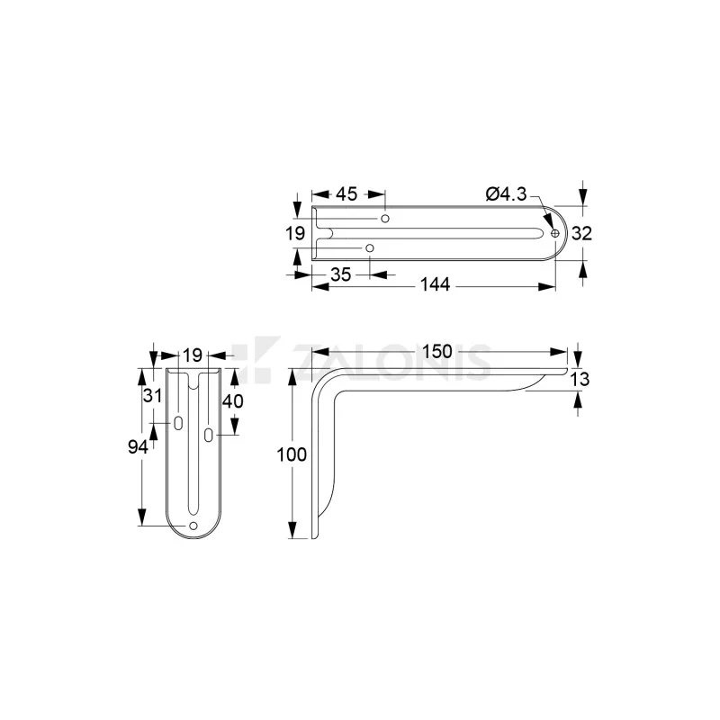 ΓΩΝΙΑ ΡΑΦΙΟΥ ΜΕ ΝΕΥΡΟ m.108 / 150x100mm / 35Kg/ΖΕΥΓ / ΛΕΥΚΟ
